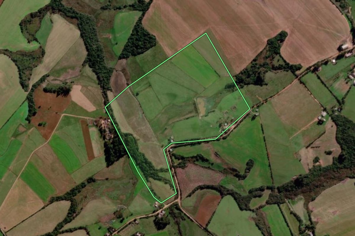 Imagem de satélite do imóvel rural em Santa Margarida do Sul (RS), com o contorno declarado no CAR desenhado por cima.