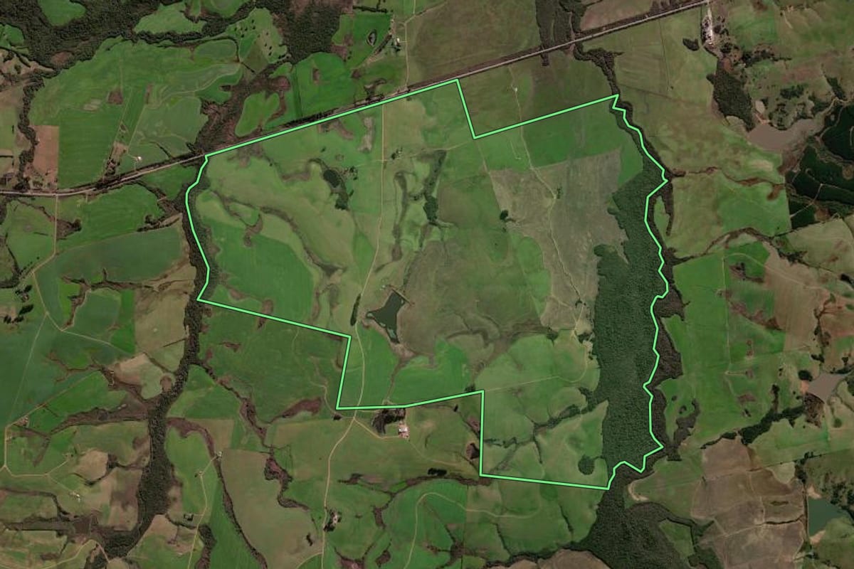 Imagem de satélite do imóvel rural em Santa Margarida do Sul (RS), com o contorno declarado no CAR desenhado por cima.