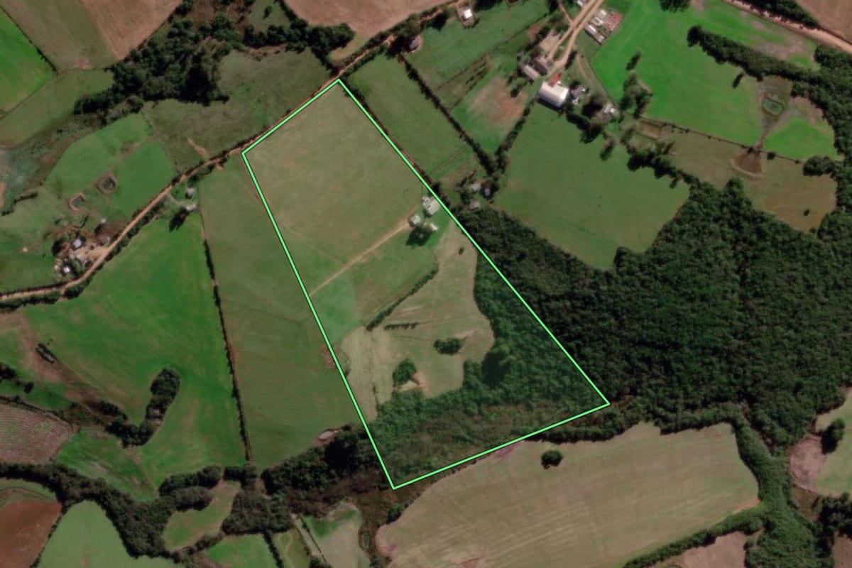 Imagem de satélite do imóvel rural em Santa Margarida do Sul (RS), com o contorno declarado no CAR desenhado por cima.