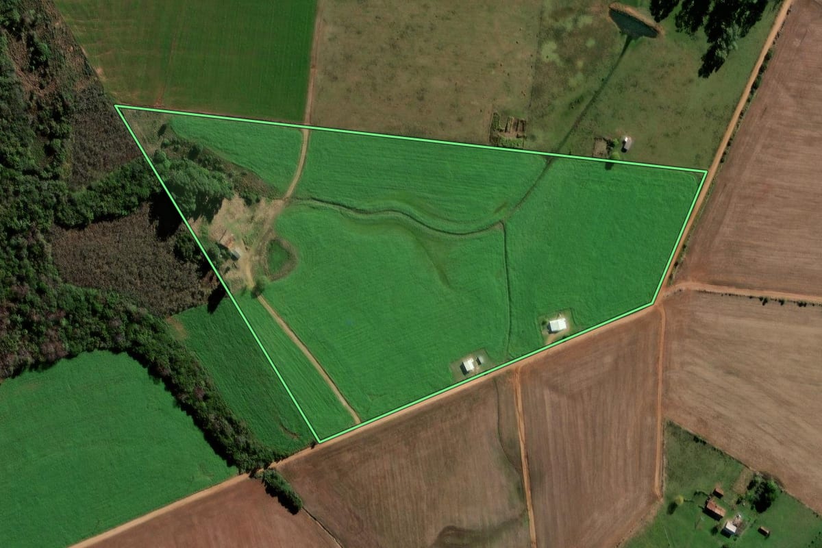 Imagem de satélite do imóvel rural em Santa Margarida do Sul (RS), com o contorno declarado no CAR desenhado por cima.