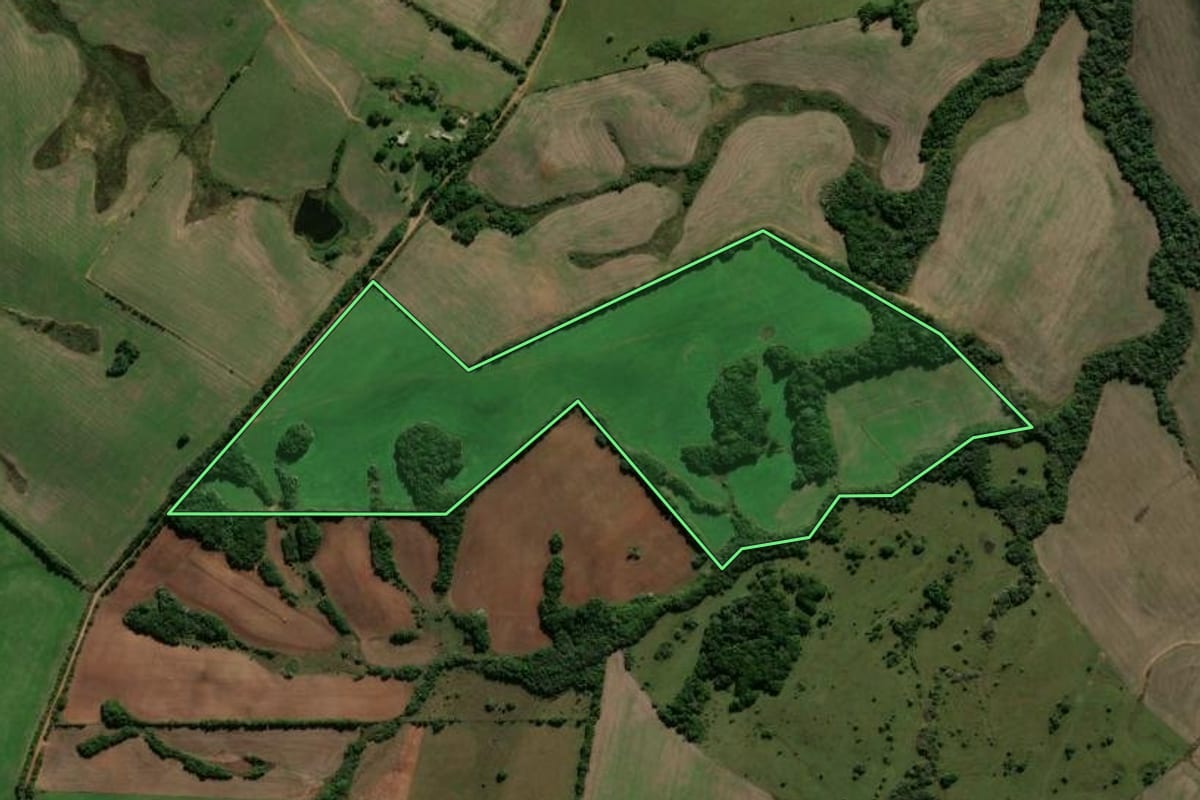 Imagem de satélite do imóvel rural em Santana da Boa Vista (RS), com o contorno declarado no CAR desenhado por cima.