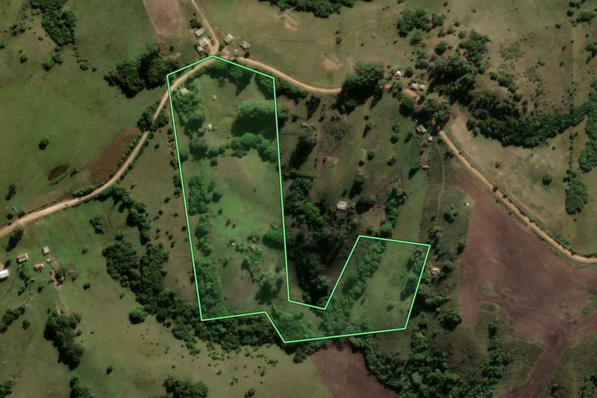 Imagem de satélite do imóvel rural em Santana da Boa Vista (RS), com o contorno declarado no CAR desenhado por cima.