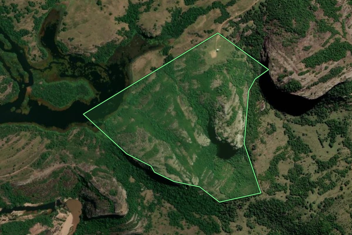 Imagem de satélite do imóvel rural em Santana da Boa Vista (RS), com o contorno declarado no CAR desenhado por cima.