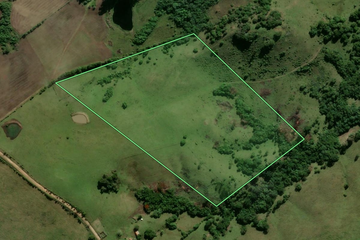 Imagem de satélite do imóvel rural em Santana da Boa Vista (RS), com o contorno declarado no CAR desenhado por cima.