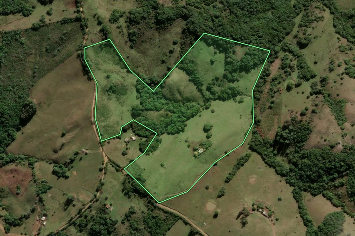 Imagem de satélite do imóvel rural em Santana da Boa Vista (RS), com o contorno declarado no CAR desenhado por cima.