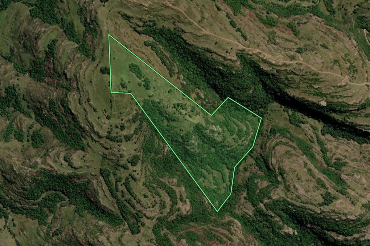 Imagem de satélite do imóvel rural em Santana da Boa Vista (RS), com o contorno declarado no CAR desenhado por cima.