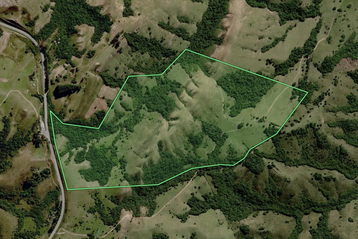 Imagem de satélite do imóvel rural em Santana da Boa Vista (RS), com o contorno declarado no CAR desenhado por cima.