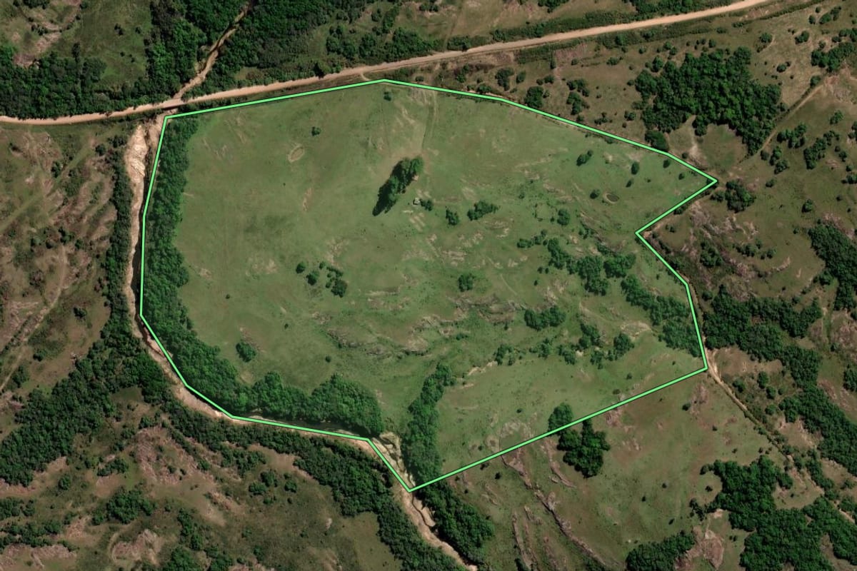 Imagem de satélite do imóvel rural em Santana da Boa Vista (RS), com o contorno declarado no CAR desenhado por cima.