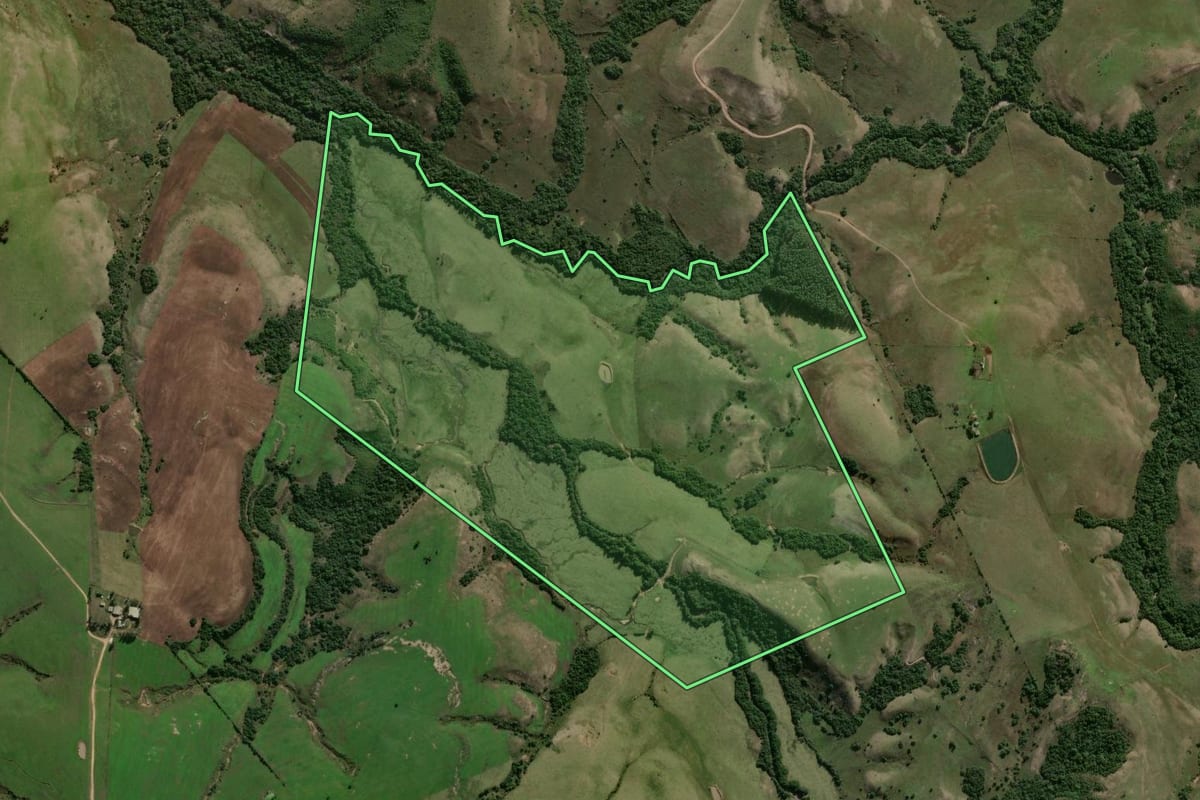 Imagem de satélite do imóvel rural em Santana da Boa Vista (RS), com o contorno declarado no CAR desenhado por cima.