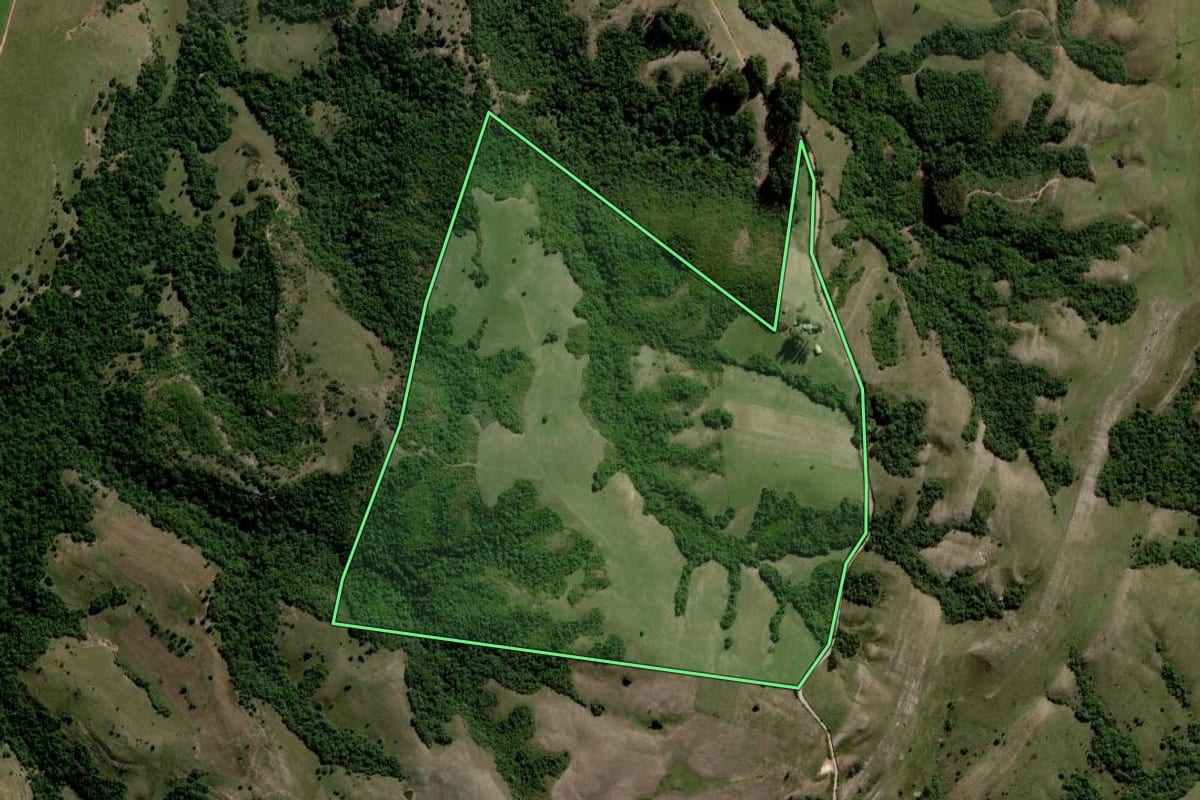 Imagem de satélite do imóvel rural em Santana da Boa Vista (RS), com o contorno declarado no CAR desenhado por cima.