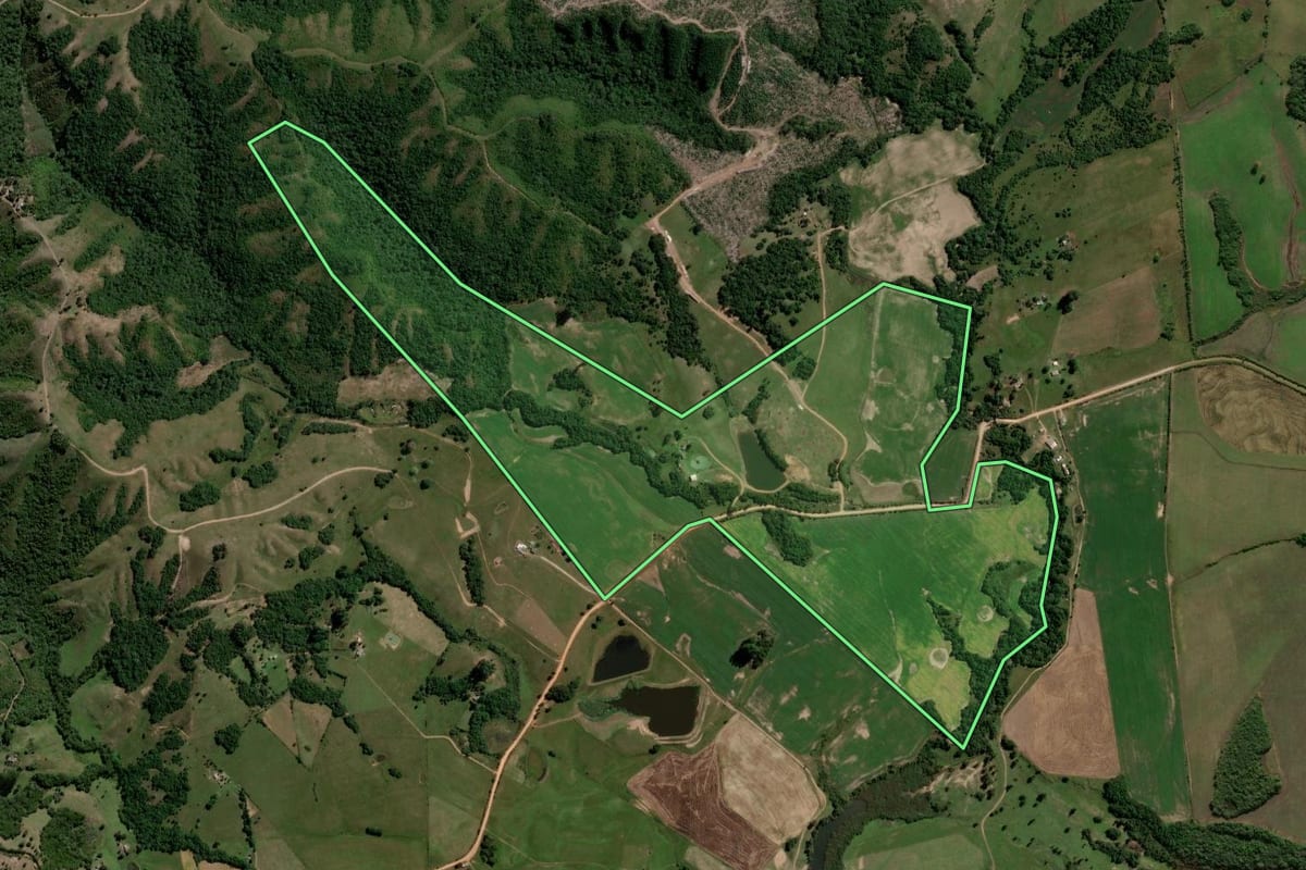 Imagem de satélite do imóvel rural em Santana da Boa Vista (RS), com o contorno declarado no CAR desenhado por cima.