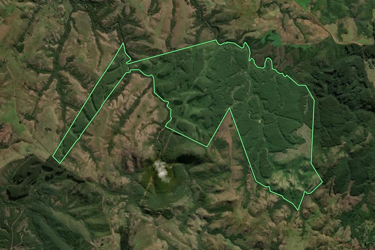 Imagem de satélite do imóvel rural em Santana da Boa Vista (RS), com o contorno declarado no CAR desenhado por cima.