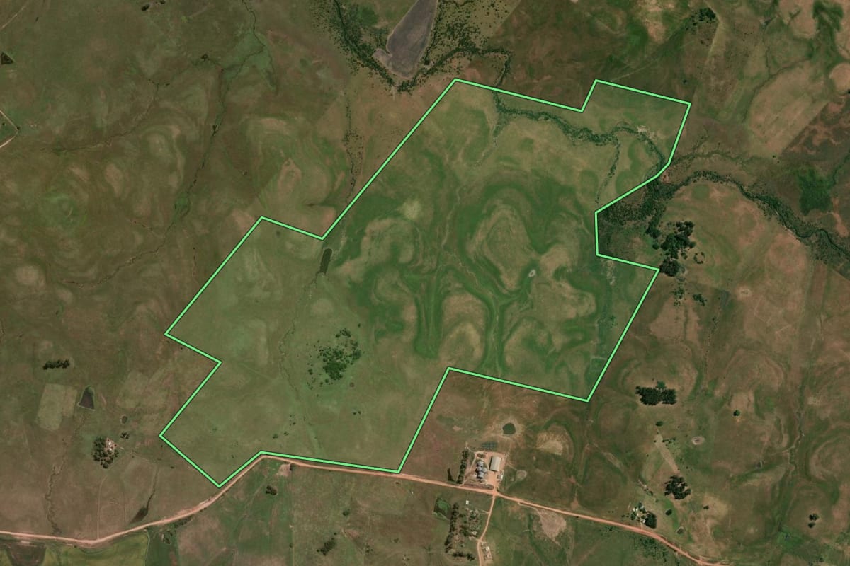 Imagem de satélite do imóvel rural em Sant'Ana do Livramento (RS), com o contorno declarado no CAR desenhado por cima.