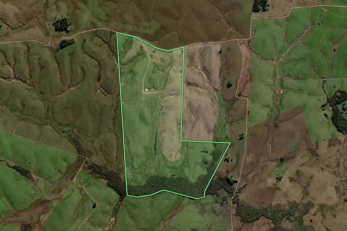 Imagem de satélite do imóvel rural em Sant'Ana do Livramento (RS), com o contorno declarado no CAR desenhado por cima.