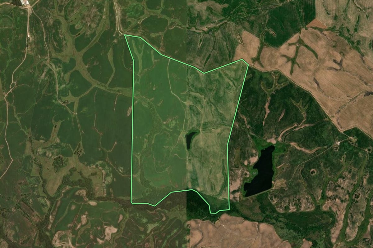 Imagem de satélite do imóvel rural em Sant'Ana do Livramento (RS), com o contorno declarado no CAR desenhado por cima.