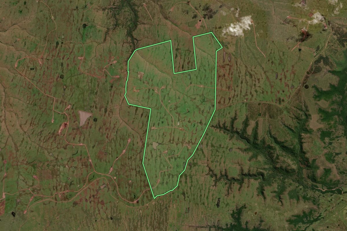 Imagem de satélite do imóvel rural em Sant'Ana do Livramento (RS), com o contorno declarado no CAR desenhado por cima.