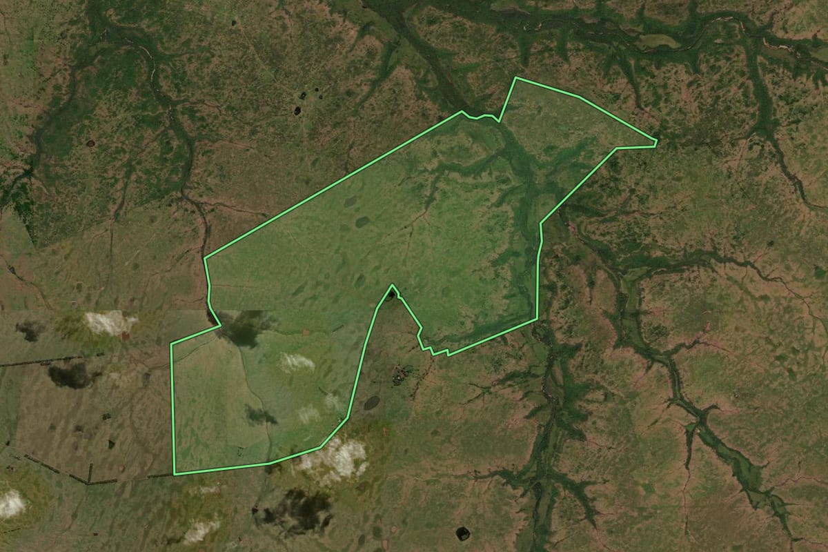 Imagem de satélite do imóvel rural em Sant'Ana do Livramento (RS), com o contorno declarado no CAR desenhado por cima.