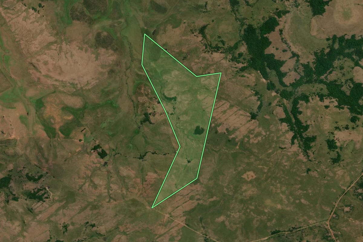 Imagem de satélite do imóvel rural em Sant'Ana do Livramento (RS), com o contorno declarado no CAR desenhado por cima.