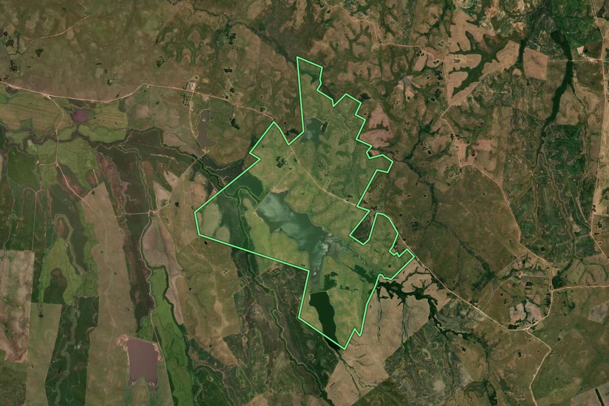 Imagem de satélite do imóvel rural em Sant'Ana do Livramento (RS), com o contorno declarado no CAR desenhado por cima.