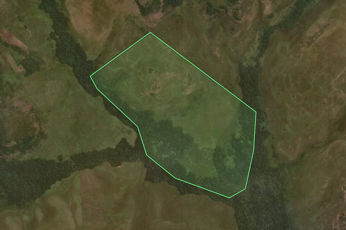 Imagem de satélite do imóvel rural em Sant'Ana do Livramento (RS), com o contorno declarado no CAR desenhado por cima.