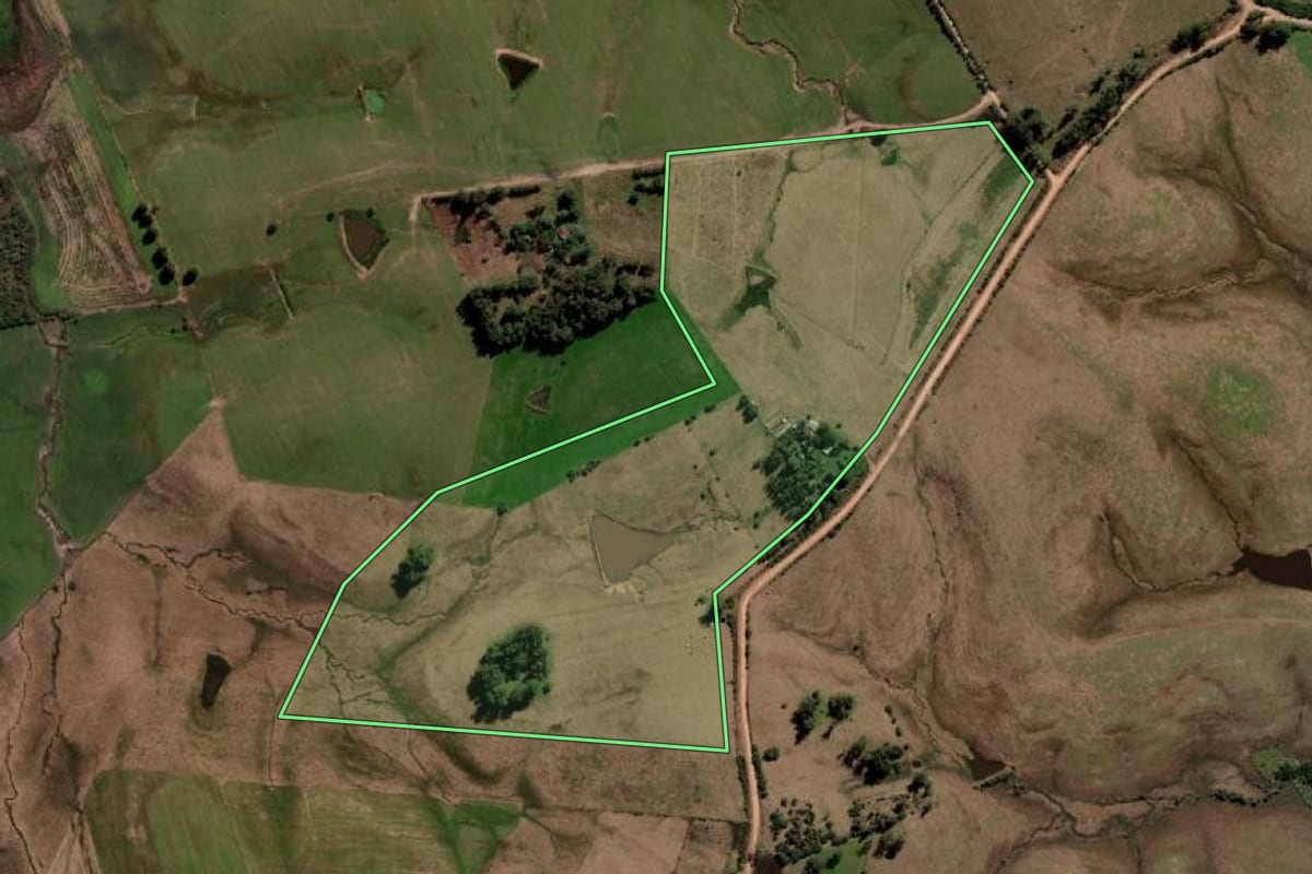 Imagem de satélite do imóvel rural em Sant'Ana do Livramento (RS), com o contorno declarado no CAR desenhado por cima.