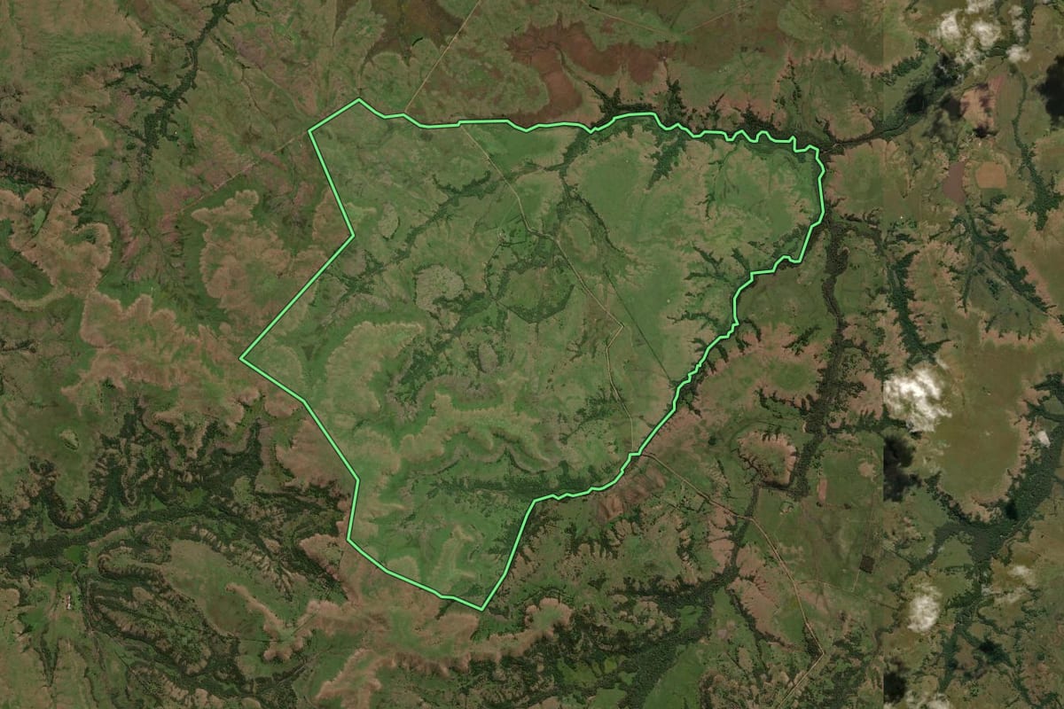 Imagem de satélite do imóvel rural em Sant'Ana do Livramento (RS), com o contorno declarado no CAR desenhado por cima.