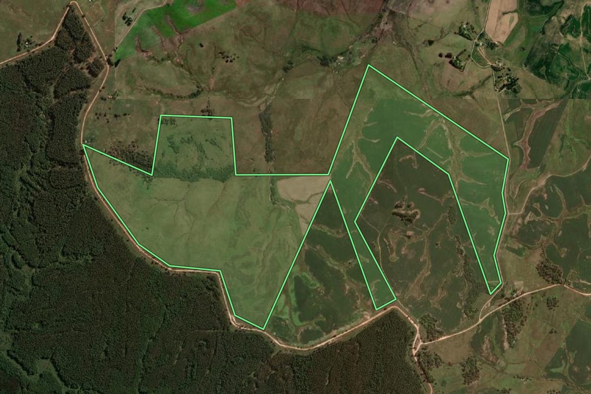 Imagem de satélite do imóvel rural em Sant'Ana do Livramento (RS), com o contorno declarado no CAR desenhado por cima.