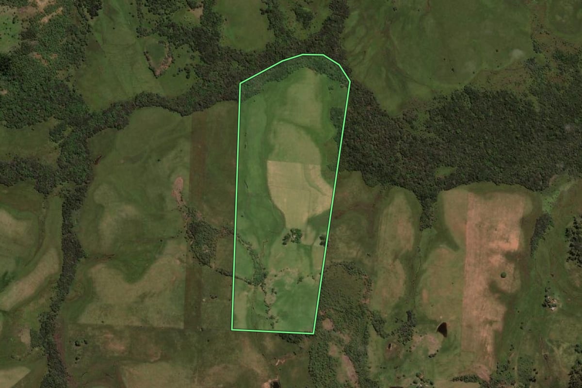 Imagem de satélite do imóvel rural em Sant'Ana do Livramento (RS), com o contorno declarado no CAR desenhado por cima.