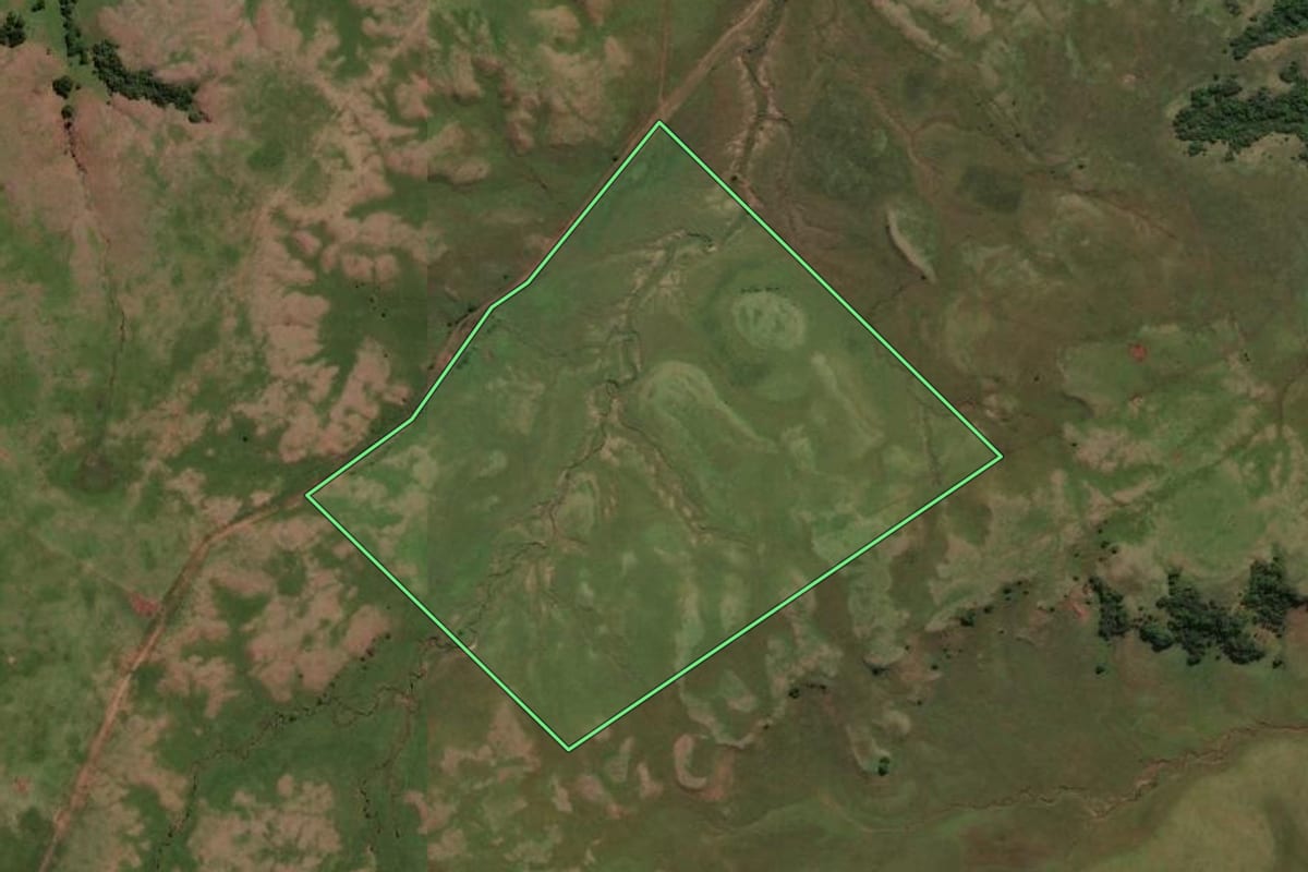 Imagem de satélite do imóvel rural em Sant'Ana do Livramento (RS), com o contorno declarado no CAR desenhado por cima.