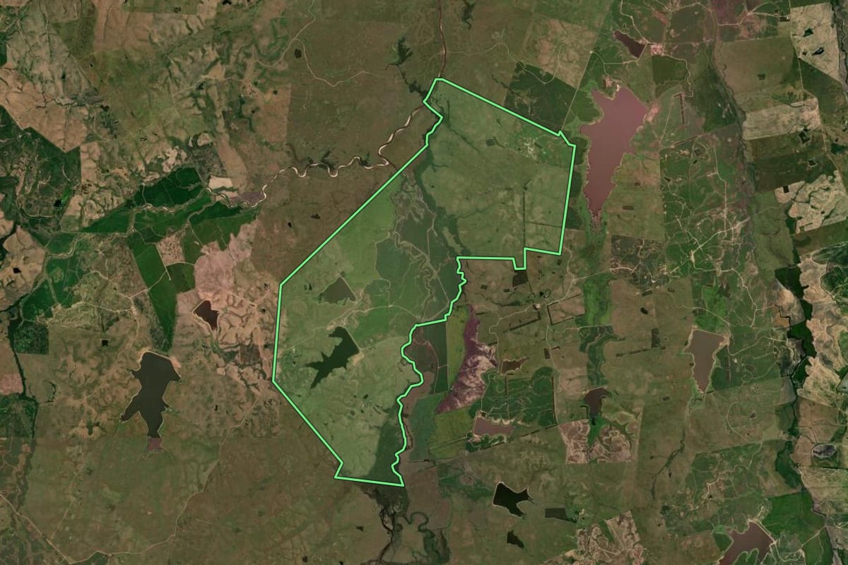 Imagem de satélite do imóvel rural em Sant'Ana do Livramento (RS), com o contorno declarado no CAR desenhado por cima.