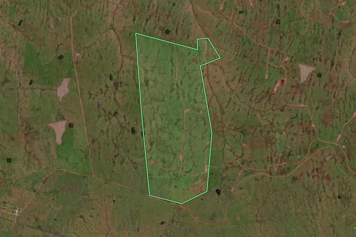 Imagem de satélite do imóvel rural em Sant'Ana do Livramento (RS), com o contorno declarado no CAR desenhado por cima.