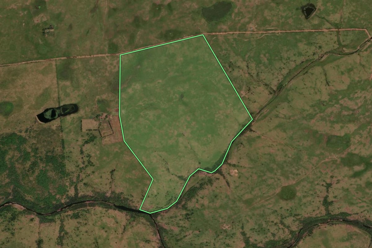 Imagem de satélite do imóvel rural em Sant'Ana do Livramento (RS), com o contorno declarado no CAR desenhado por cima.
