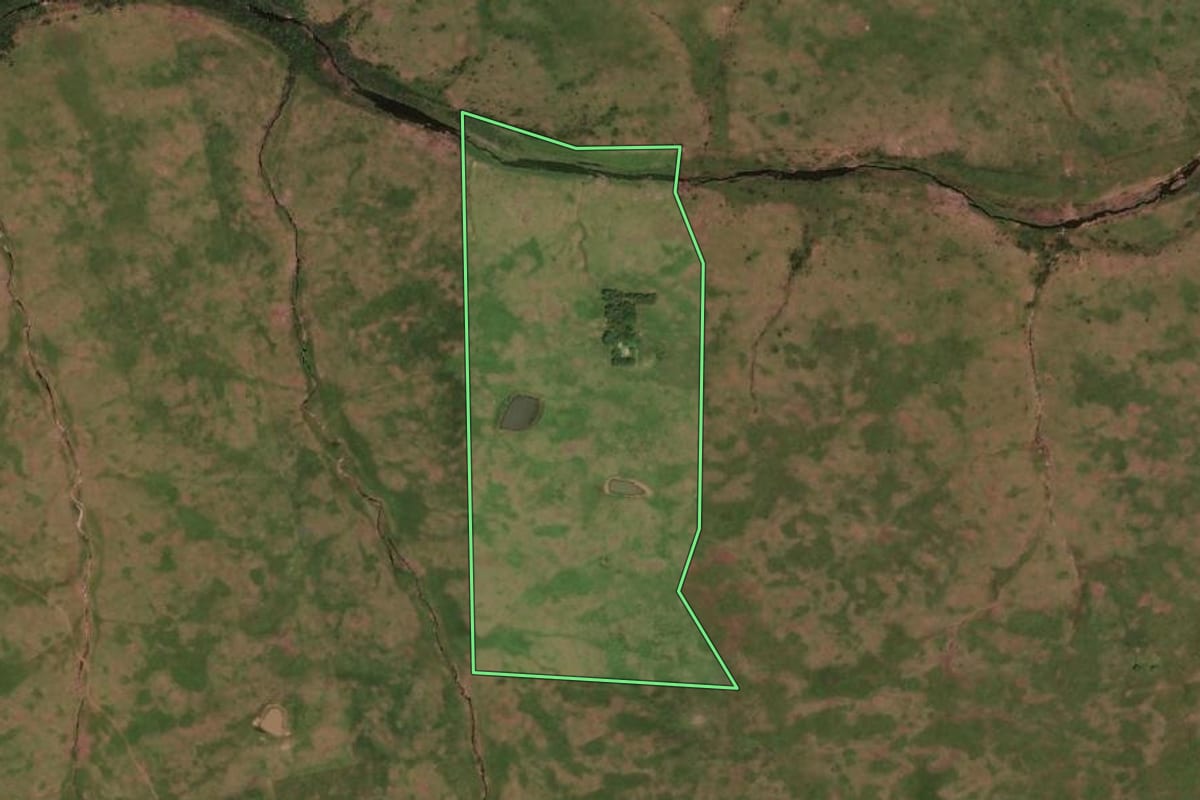 Imagem de satélite do imóvel rural em Sant'Ana do Livramento (RS), com o contorno declarado no CAR desenhado por cima.