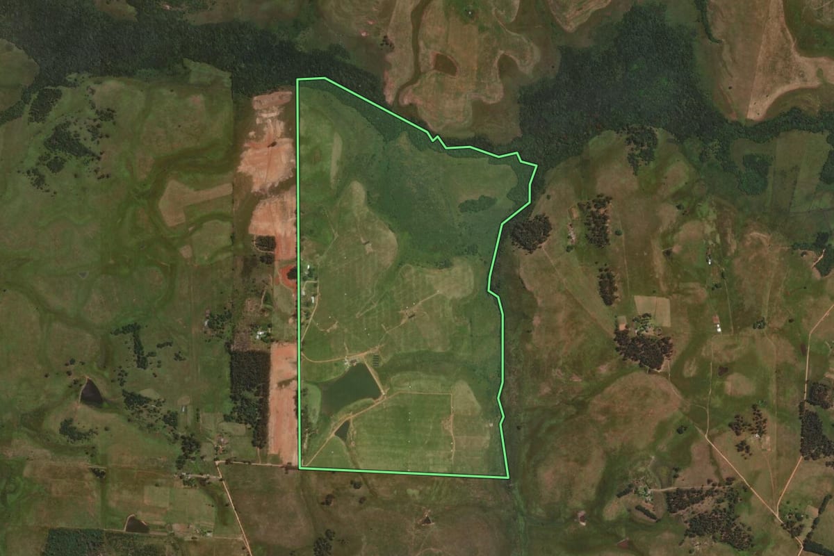 Imagem de satélite do imóvel rural em Sant'Ana do Livramento (RS), com o contorno declarado no CAR desenhado por cima.
