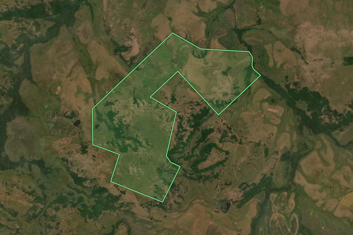 Imagem de satélite do imóvel rural em Sant'Ana do Livramento (RS), com o contorno declarado no CAR desenhado por cima.