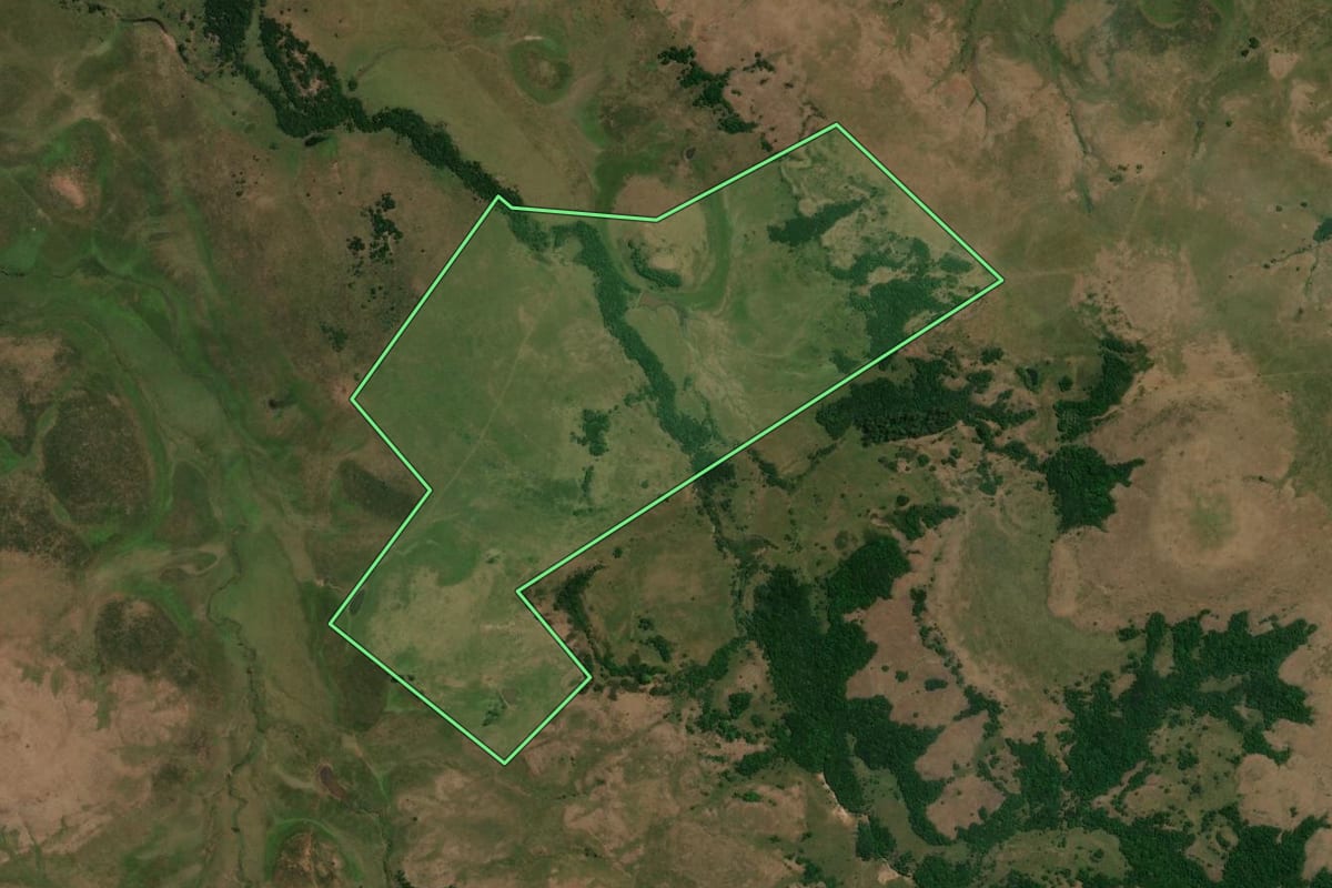 Imagem de satélite do imóvel rural em Sant'Ana do Livramento (RS), com o contorno declarado no CAR desenhado por cima.