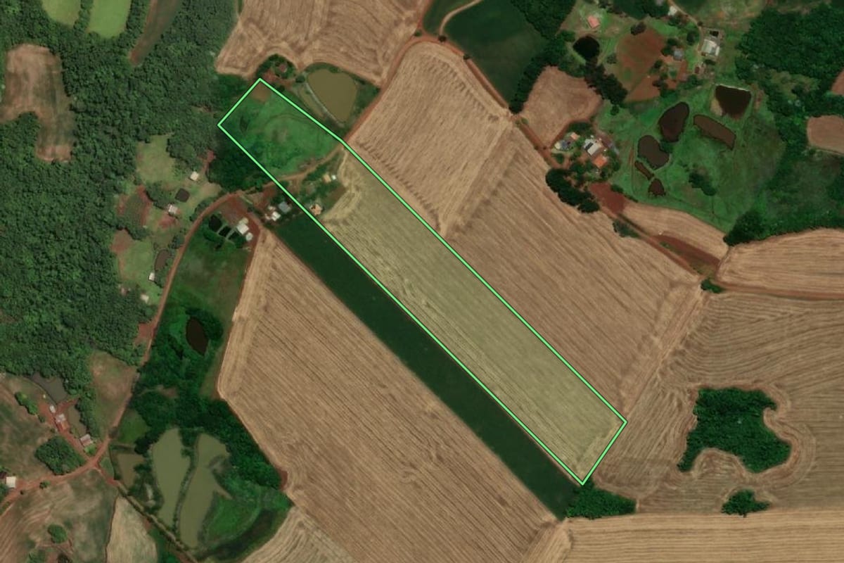 Imagem de satélite do imóvel rural em Santa Rosa (RS), com o contorno declarado no CAR desenhado por cima.