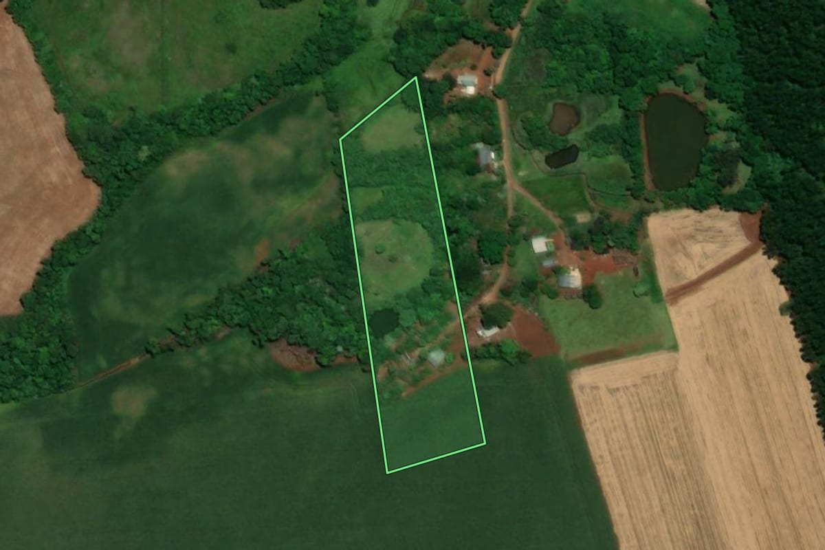 Imagem de satélite do imóvel rural em Santa Rosa (RS), com o contorno declarado no CAR desenhado por cima.