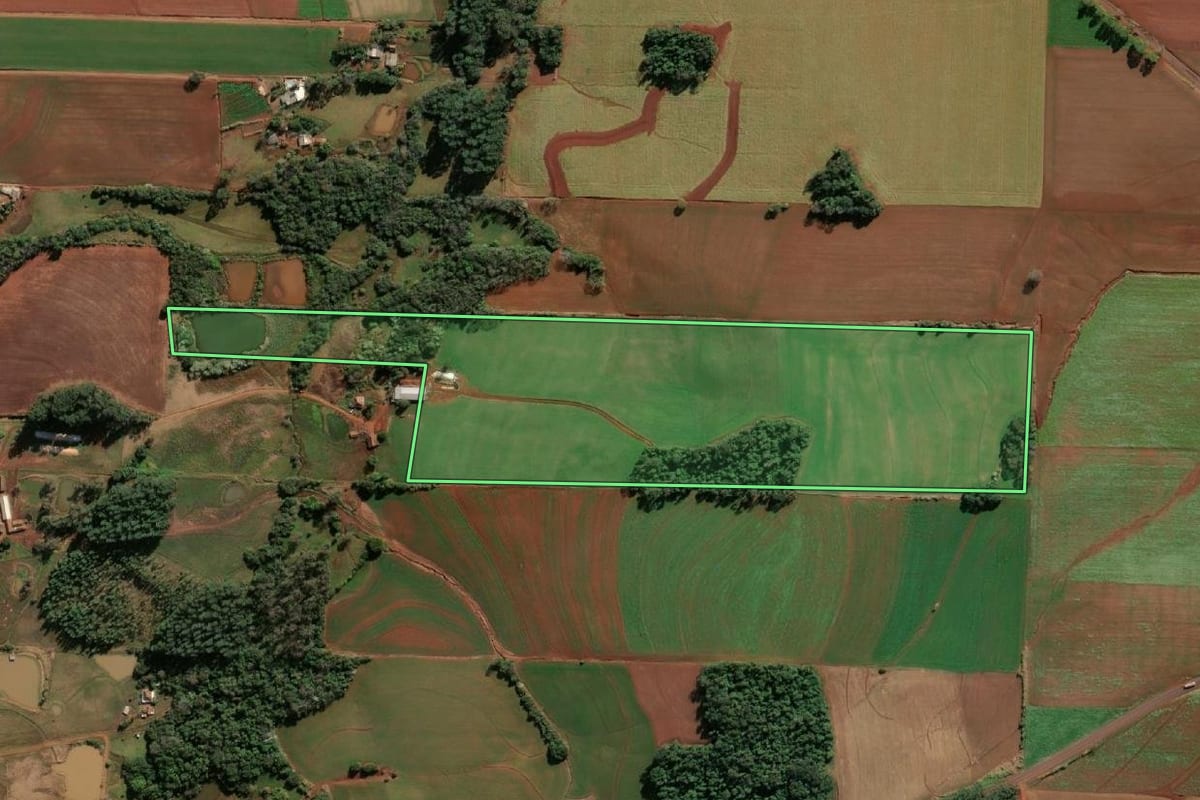 Imagem de satélite do imóvel rural em Santa Rosa (RS), com o contorno declarado no CAR desenhado por cima.