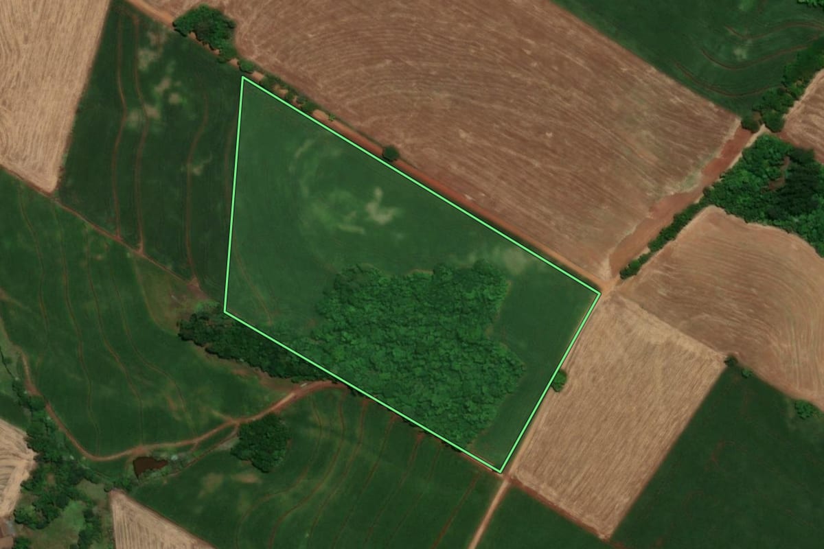 Imagem de satélite do imóvel rural em Santa Rosa (RS), com o contorno declarado no CAR desenhado por cima.