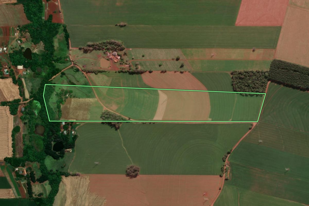 Imagem de satélite do imóvel rural em Santa Rosa (RS), com o contorno declarado no CAR desenhado por cima.
