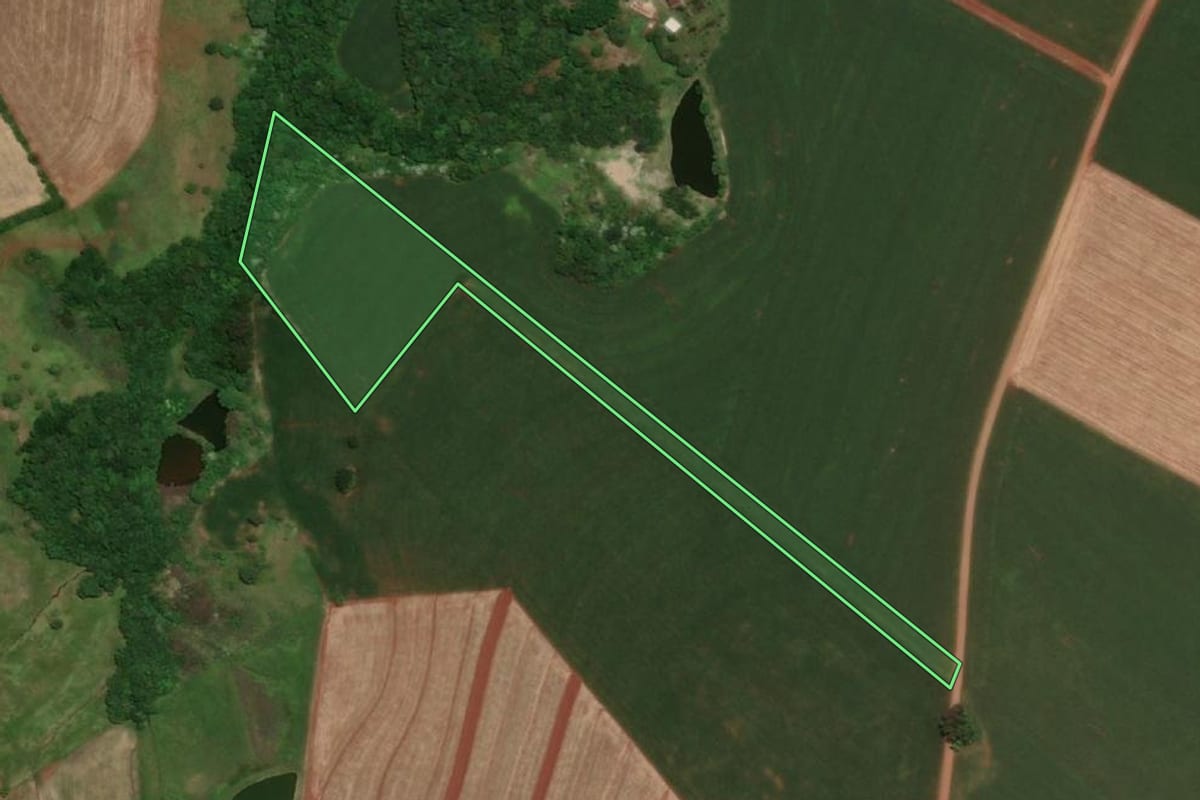 Imagem de satélite do imóvel rural em Santa Rosa (RS), com o contorno declarado no CAR desenhado por cima.