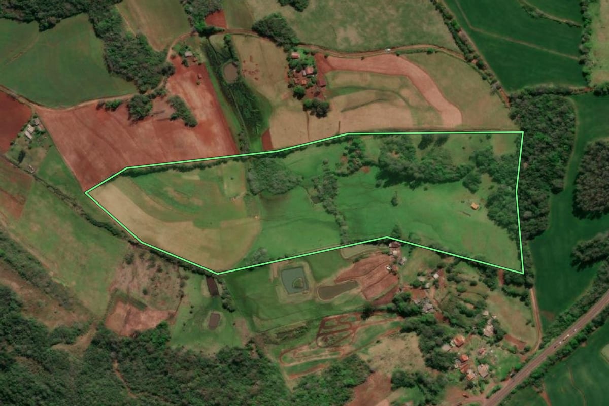 Imagem de satélite do imóvel rural em Santa Rosa (RS), com o contorno declarado no CAR desenhado por cima.