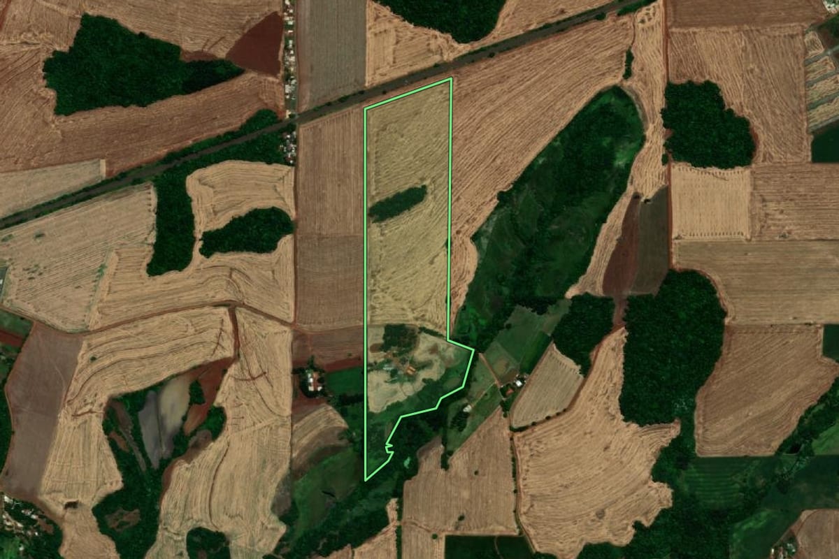 Imagem de satélite do imóvel rural em Santa Rosa (RS), com o contorno declarado no CAR desenhado por cima.