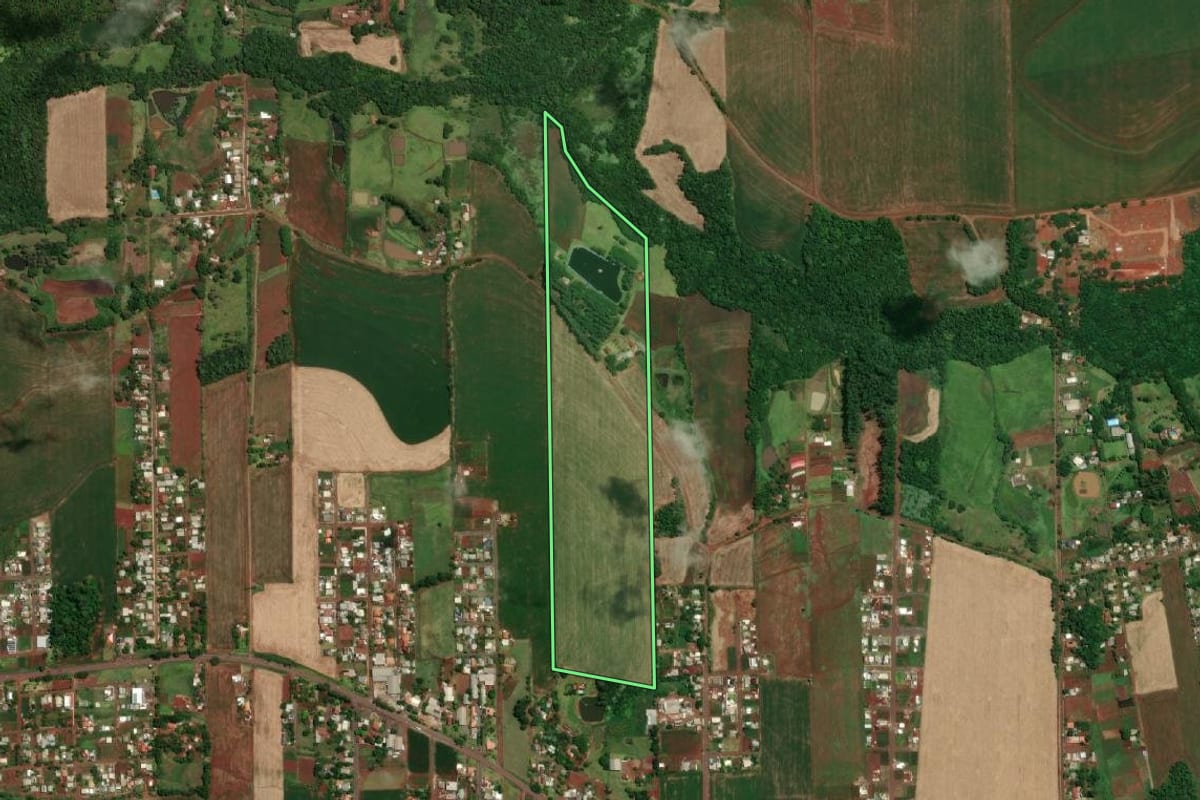 Imagem de satélite do imóvel rural em Santa Rosa (RS), com o contorno declarado no CAR desenhado por cima.