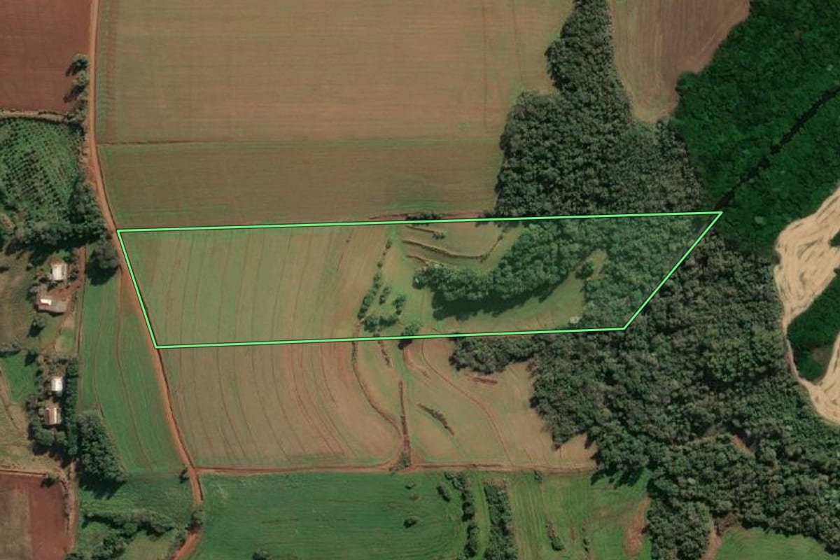 Imagem de satélite do imóvel rural em Santa Rosa (RS), com o contorno declarado no CAR desenhado por cima.