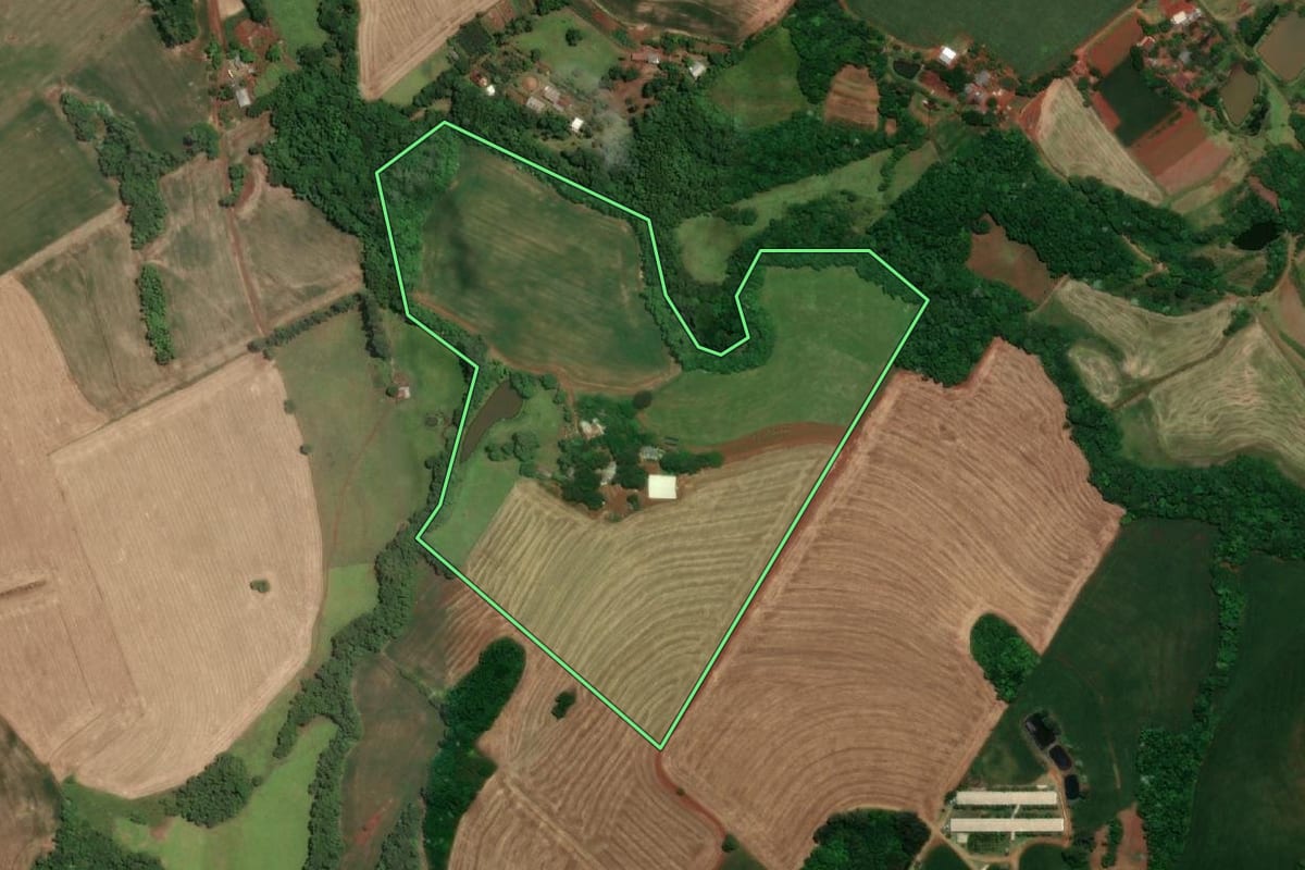 Imagem de satélite do imóvel rural em Santa Rosa (RS), com o contorno declarado no CAR desenhado por cima.