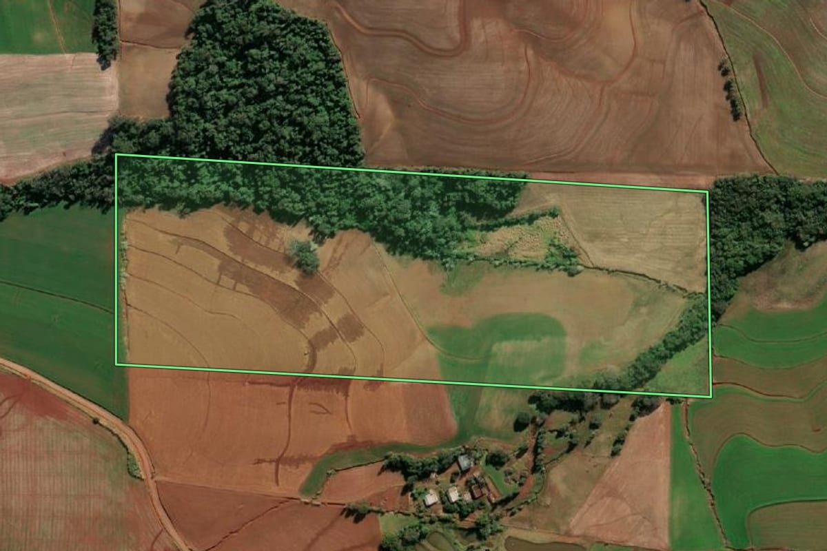 Imagem de satélite do imóvel rural em Santa Rosa (RS), com o contorno declarado no CAR desenhado por cima.