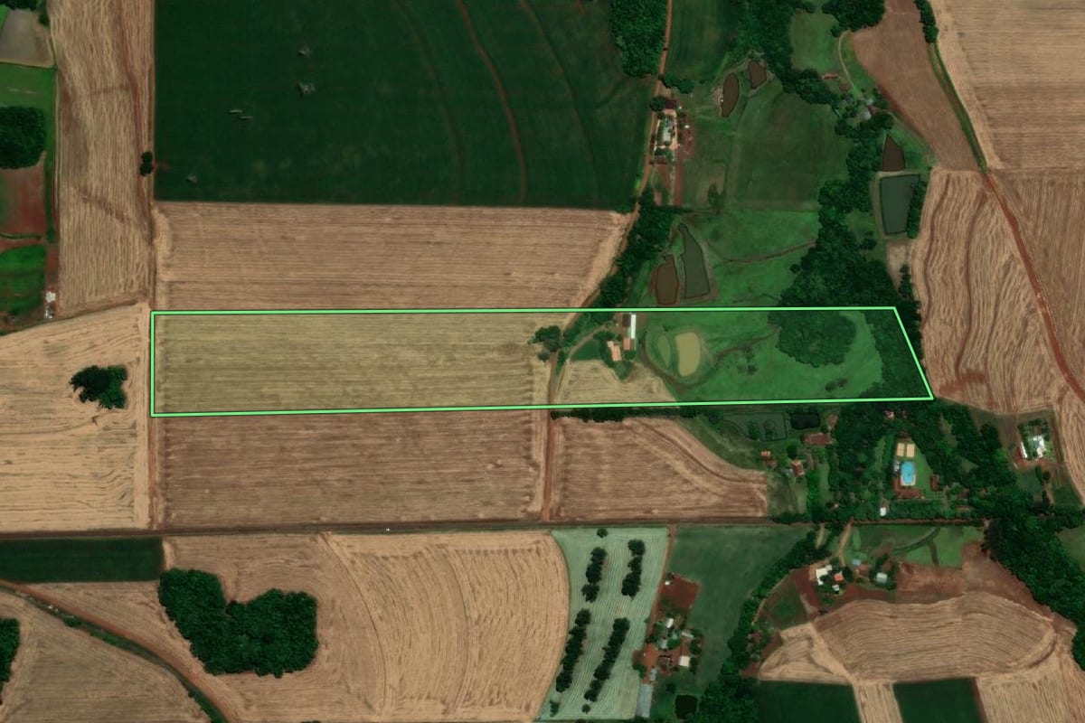 Imagem de satélite do imóvel rural em Santa Rosa (RS), com o contorno declarado no CAR desenhado por cima.