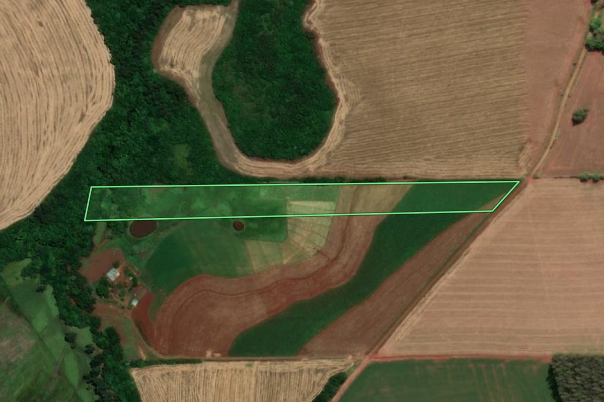 Imagem de satélite do imóvel rural em Santa Rosa (RS), com o contorno declarado no CAR desenhado por cima.